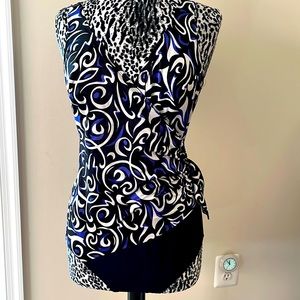 Cute Plus Sized one piece bathing suit w/ blue, white & black swirl pattern